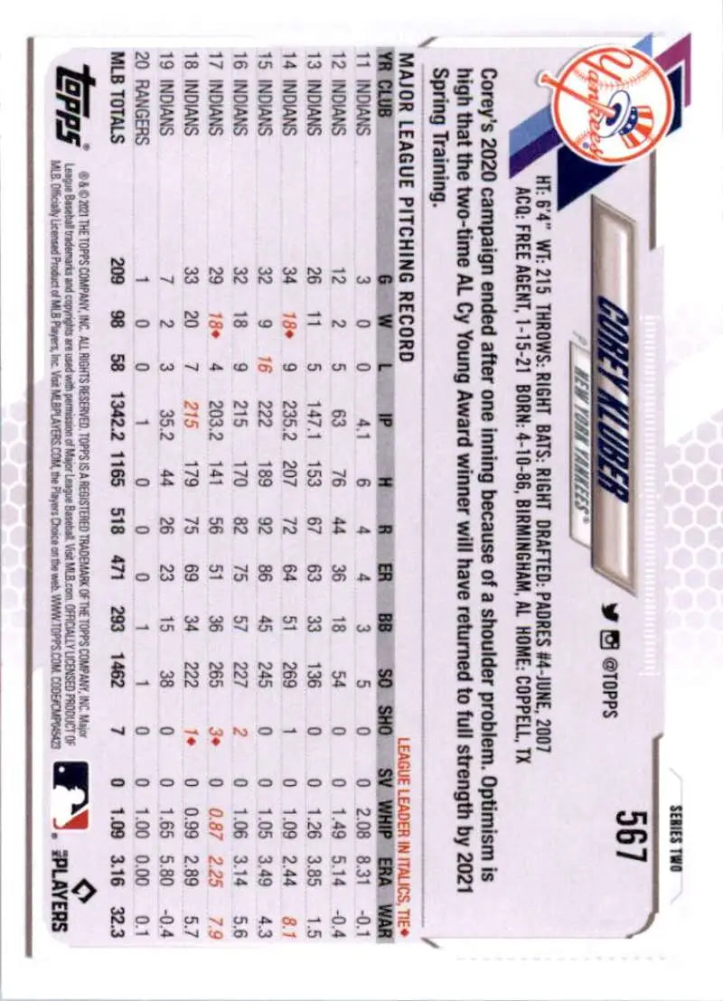 2021 Topps #567 Corey Kluber NM-MT New York Yankees Baseball Card - Baseball Card Single