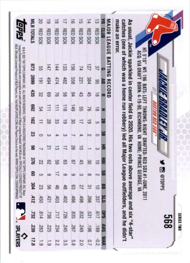 2021 Topps #568 Jackie Bradley Jr. NM-MT Boston Red Sox Baseball Card - Baseball Card Single