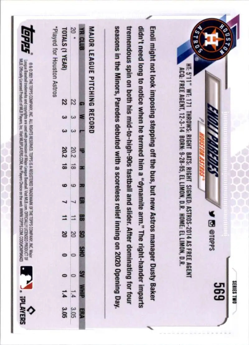 2021 Topps #569 Enoli Paredes NM-MT RC Rookie Houston Astros Baseball Card - Baseball Card Single