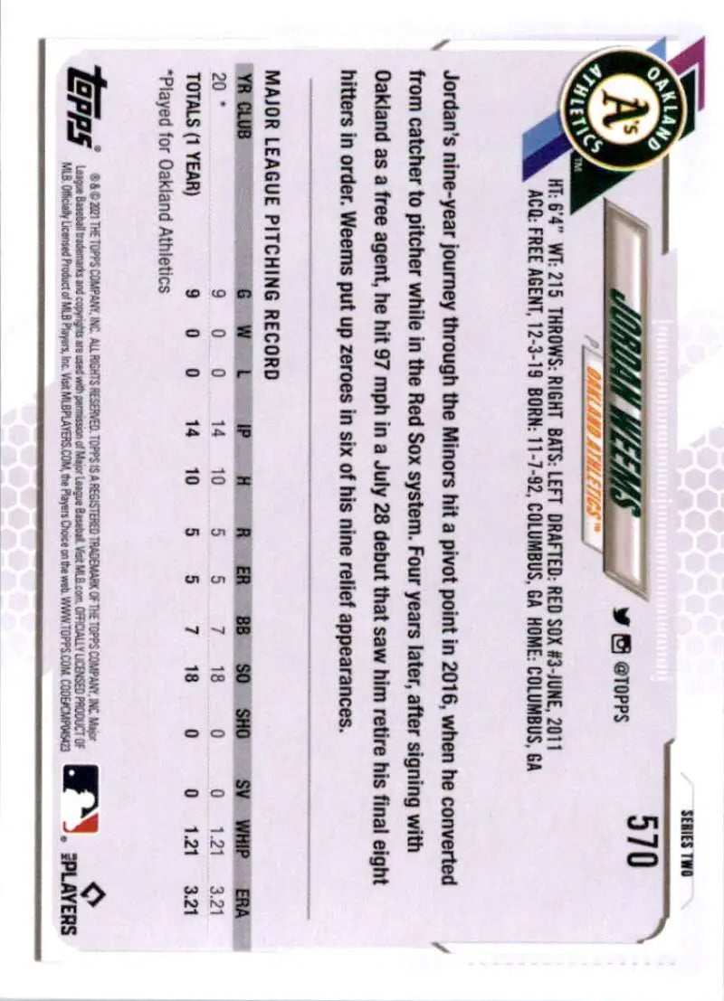 2021 Topps #570 Jordan Weems NM-MT RC Rookie Oakland Athletics Baseball Card - Baseball Card Single
