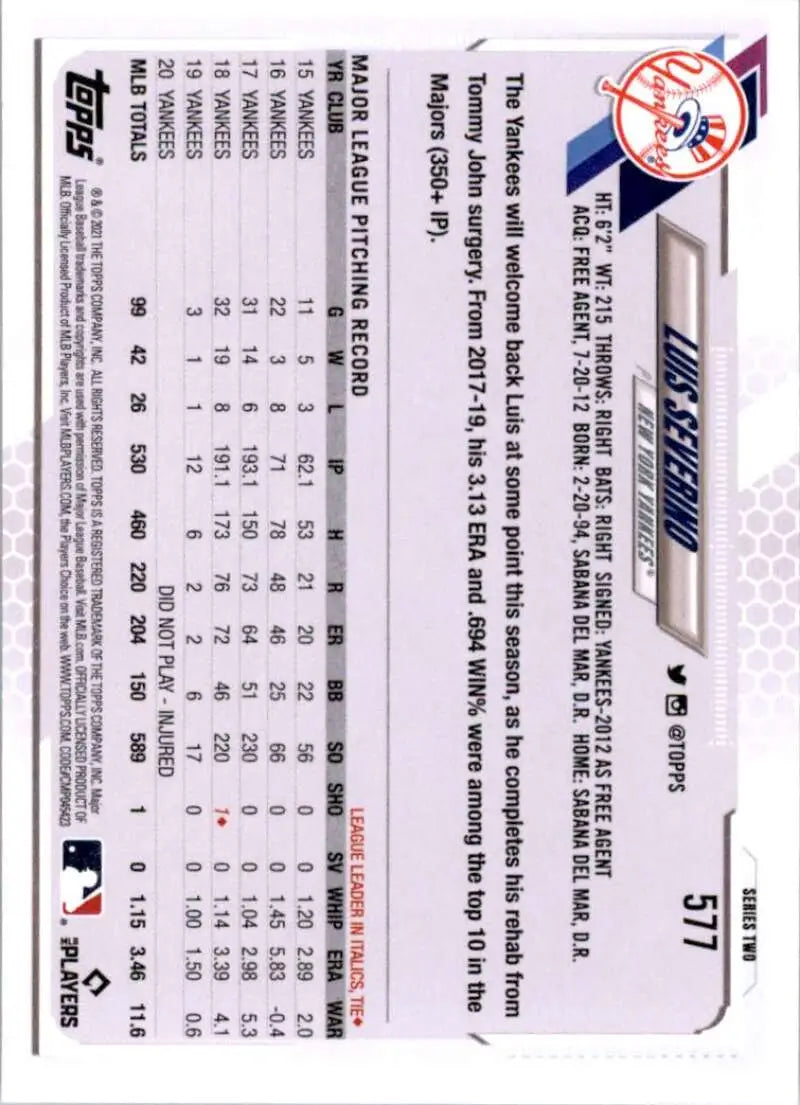 2021 Topps #577 Luis Severino NM-MT New York Yankees Baseball Card - Baseball Card Single