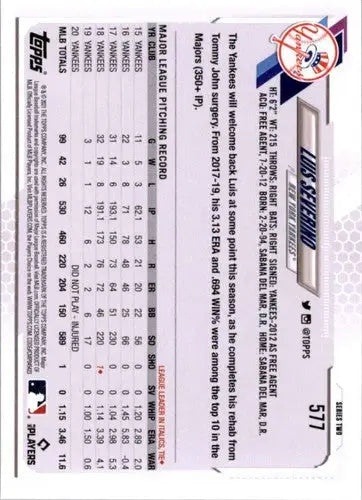 2021 Topps Luis Severino baseball card with original gloss in Yankees collection