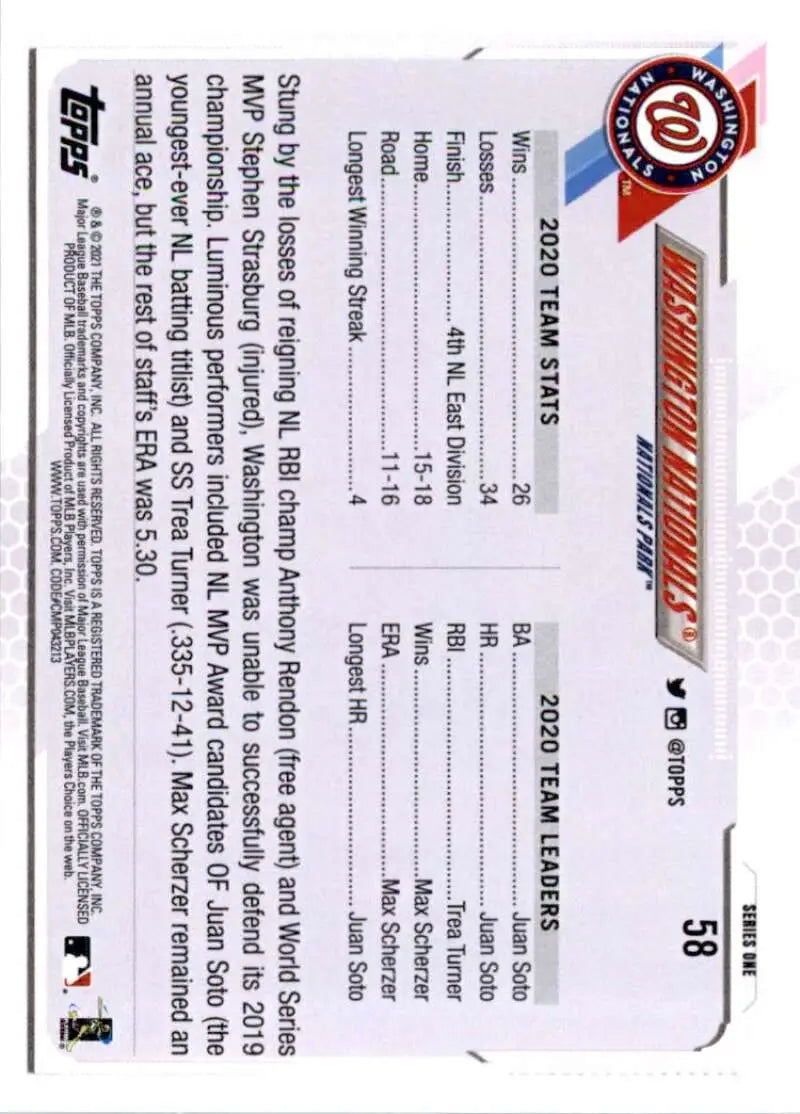 2021 Topps #58 Washington Nationals NM-MT Baseball Card - Baseball Card Single