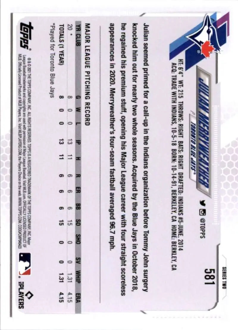 2021 Topps #581 Julian Merryweather NM-MT RC Rookie Toronto Blue Jays Baseball Card - Baseball Card Single