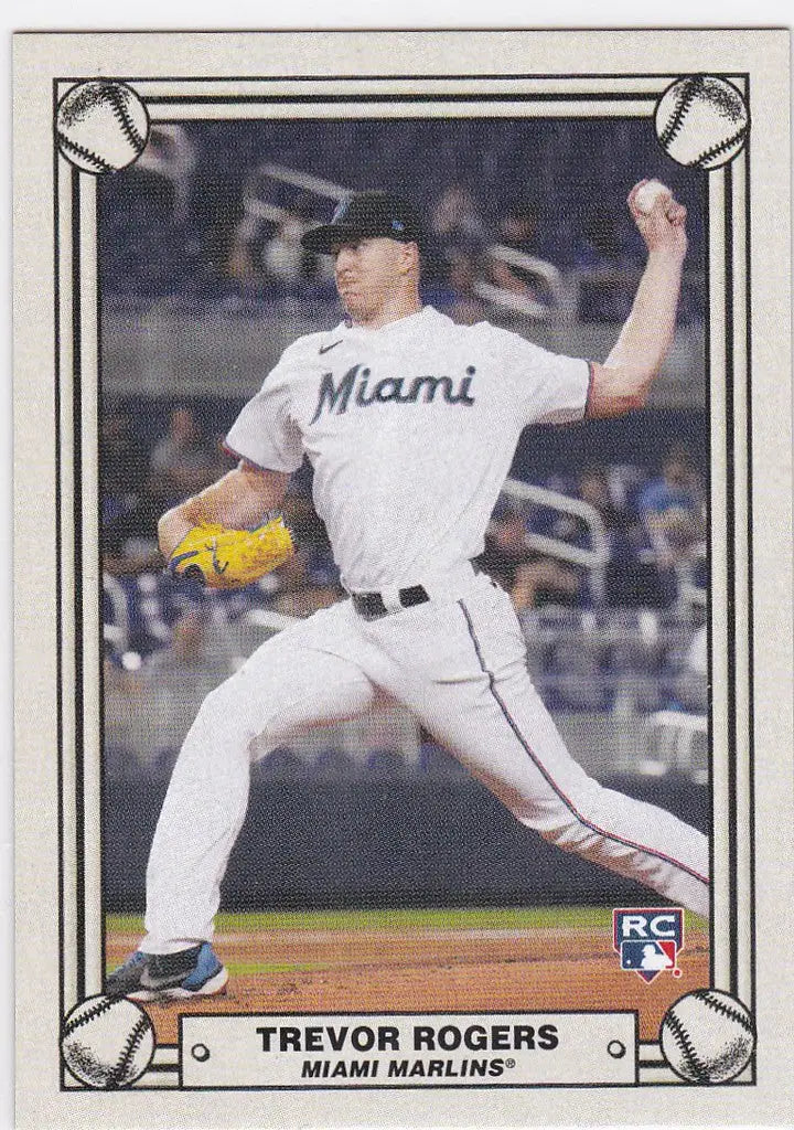Baseball card of Trevor Rogers RC Rookie pitcher for Miami Marlins from Montgomery Club Set