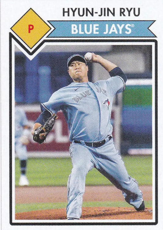 Baseball card from 2021 Topps Montgomery Club Set featuring Hyun-Jin Ryu pitching