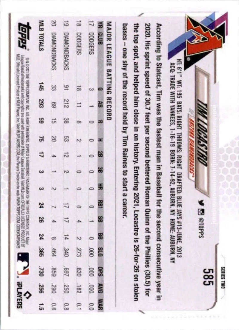 2021 Topps #585 Tim Locastro NM-MT Arizona Diamondbacks Baseball Card - Baseball Card Single