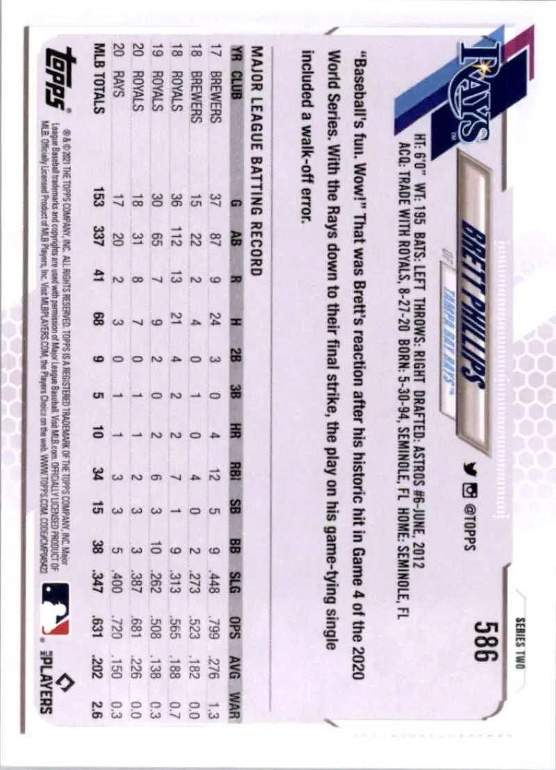 2021 Topps #586 Brett Phillips NM-MT Tampa Bay Rays Baseball Card - Baseball Card Single