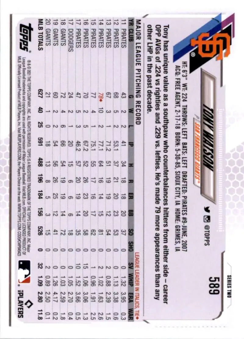 2021 Topps #589 Tony Watson NM-MT San Francisco Giants Baseball Card - Baseball Card Single