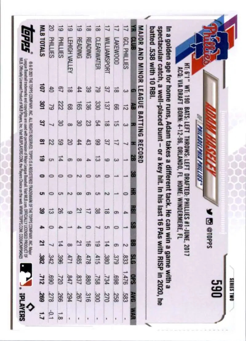 2021 Topps #590 Adam Haseley NM-MT Philadelphia Phillies Baseball Card - Baseball Card Single