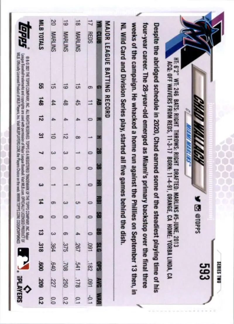 2021 Topps #593 Chad Wallach NM-MT Miami Marlins Baseball Card - Baseball Card Single