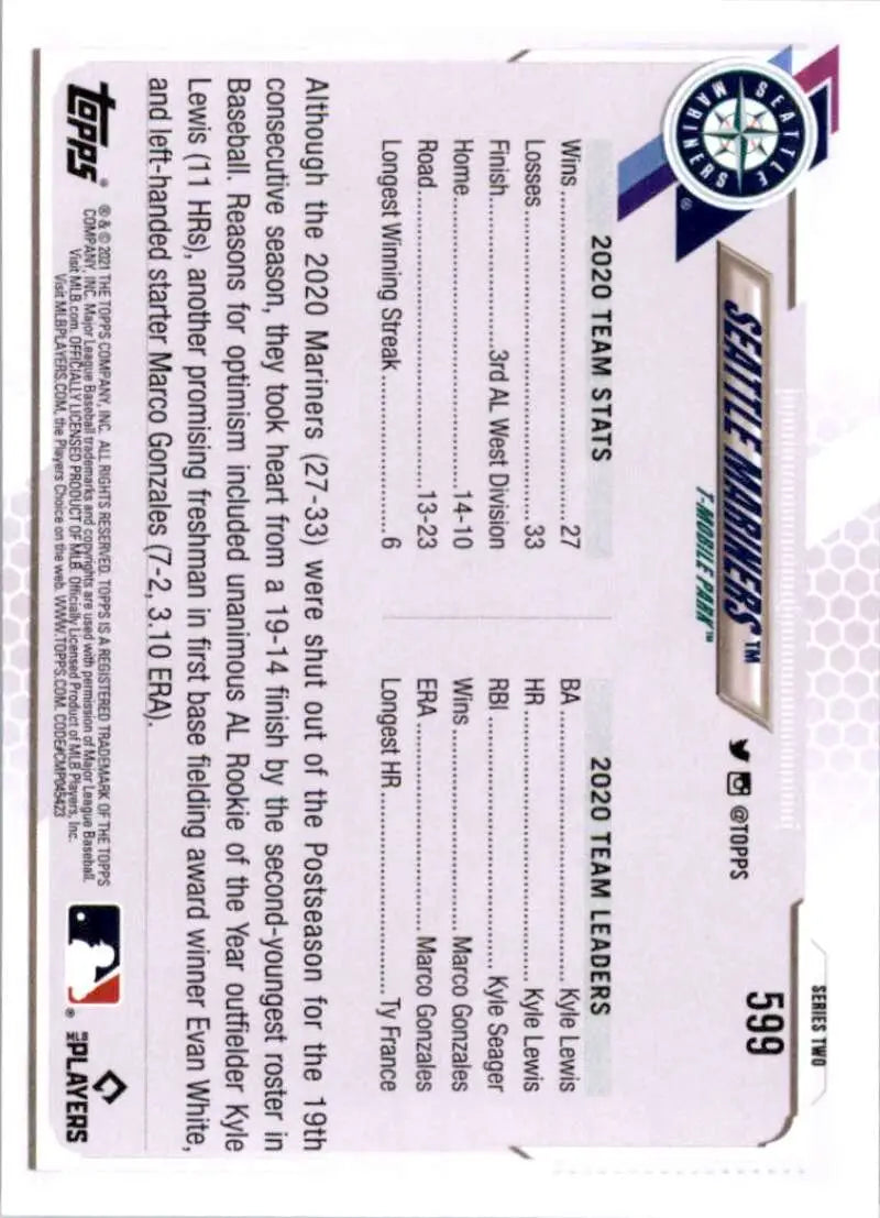2021 Topps #599 Seattle Mariners NM-MT Baseball Card - Baseball Card Single