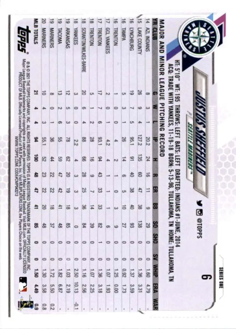 2021 Topps #6 Justus Sheffield NM-MT Seattle Mariners Baseball Card - Baseball Card Single