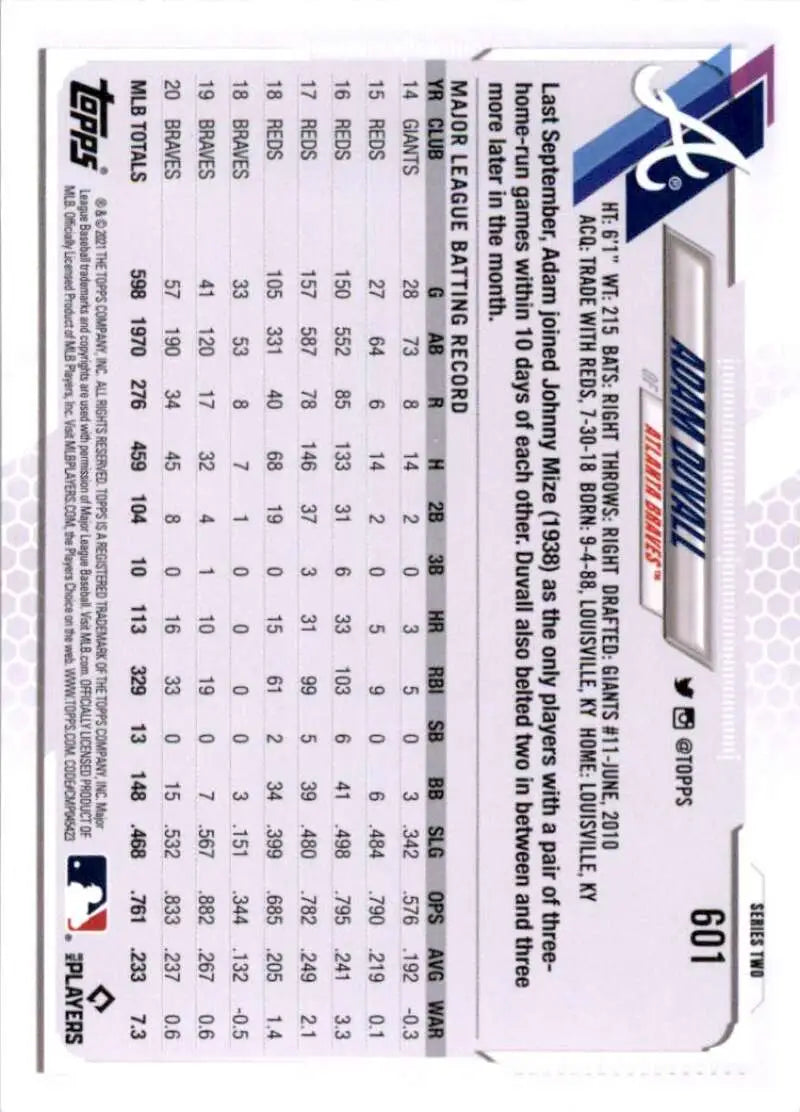 2021 Topps #601 Adam Duvall NM-MT Atlanta Braves Baseball Card - Baseball Card Single