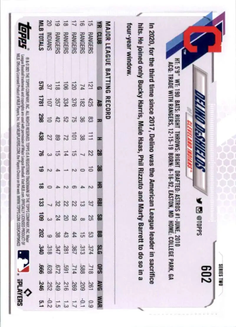 2021 Topps #602 Delino DeShields NM-MT Cleveland Indians Baseball Card - Baseball Card Single