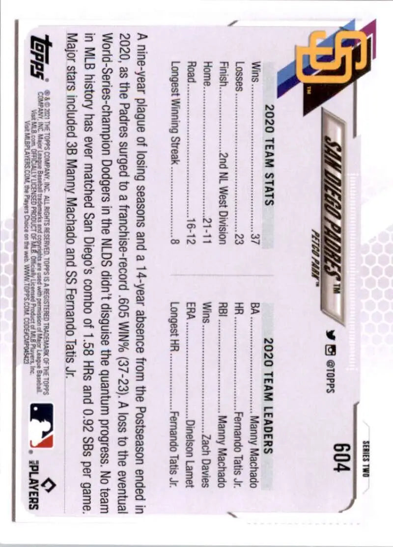 2021 Topps #604 San Diego Padres NM-MT Baseball Card - Baseball Card Single