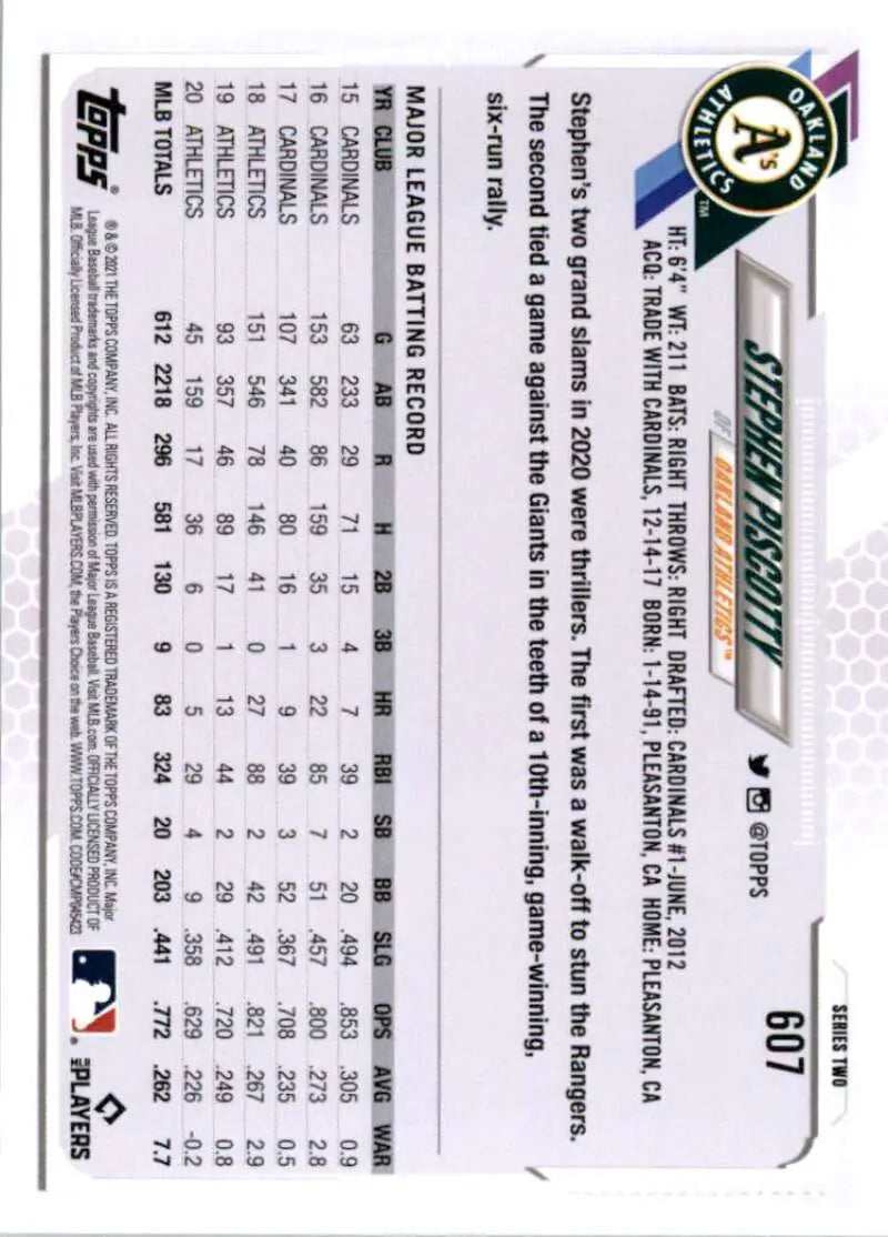 2021 Topps #607 Stephen Piscotty NM-MT Oakland Athletics Baseball Card - Baseball Card Single