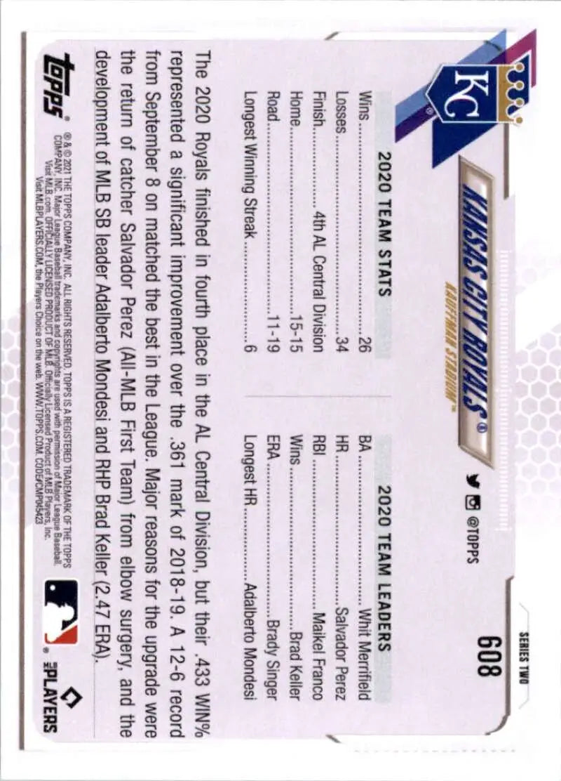 2021 Topps #608 Kansas City Royals NM-MT Baseball Card - Baseball Card Single
