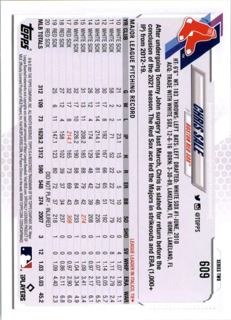 2021 Topps #609 Chris Sale NM-MT Boston Red Sox Baseball Card - Baseball Card Single