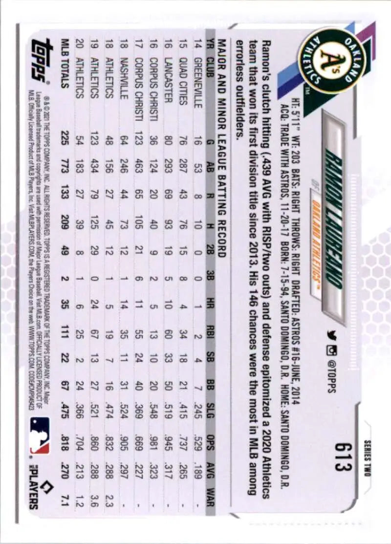 2021 Topps #613 Ramon Laureano NM-MT Oakland Athletics Baseball Card - Baseball Card Single