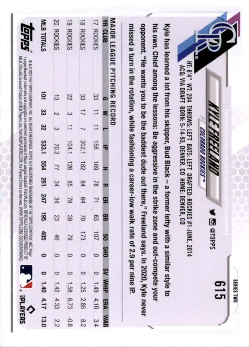 2021 Topps #615 Kyle Freeland NM-MT Colorado Rockies Baseball Card - Baseball Card Single