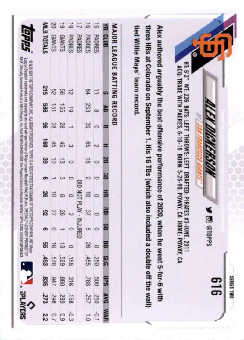 2021 Topps #616 Alex Dickerson NM-MT San Francisco Giants Baseball Card - Baseball Card Single