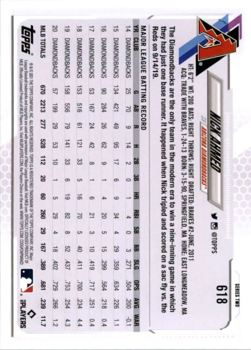 2021 Topps #618 Nick Ahmed NM-MT Arizona Diamondbacks Baseball Card - Baseball Card Single