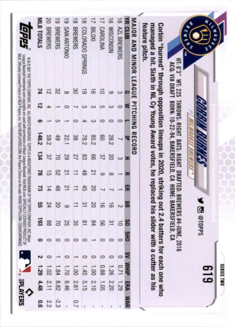 2021 Topps #619 Corbin Burnes NM-MT Milwaukee Brewers Baseball Card - Baseball Card Single