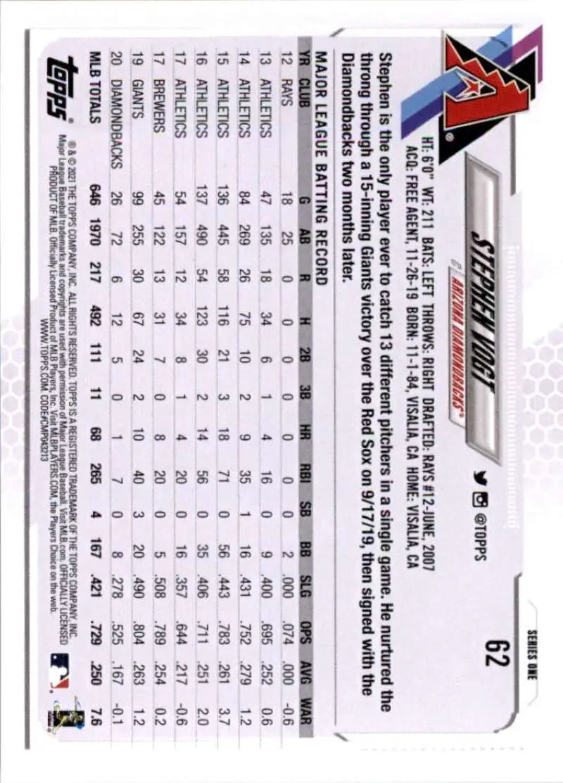 2021 Topps #62 Stephen Vogt NM-MT Arizona Diamondbacks Baseball Card - Baseball Card Single