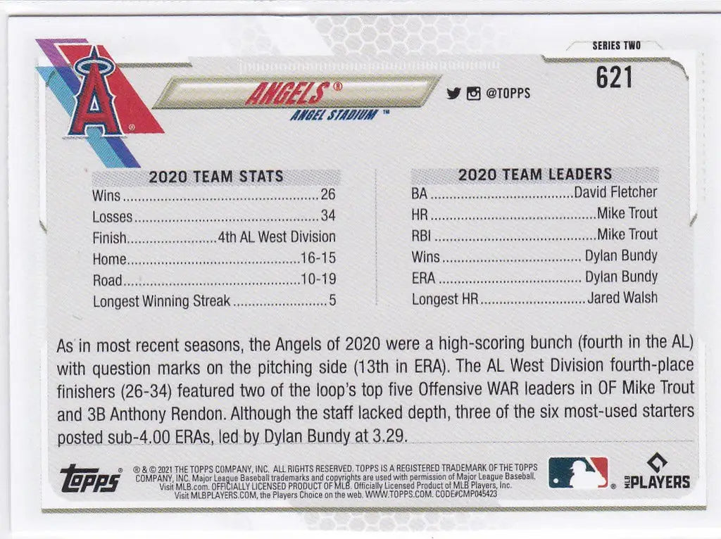 2021 Topps #621 Angels with Mike Trout Los Angeles Angels