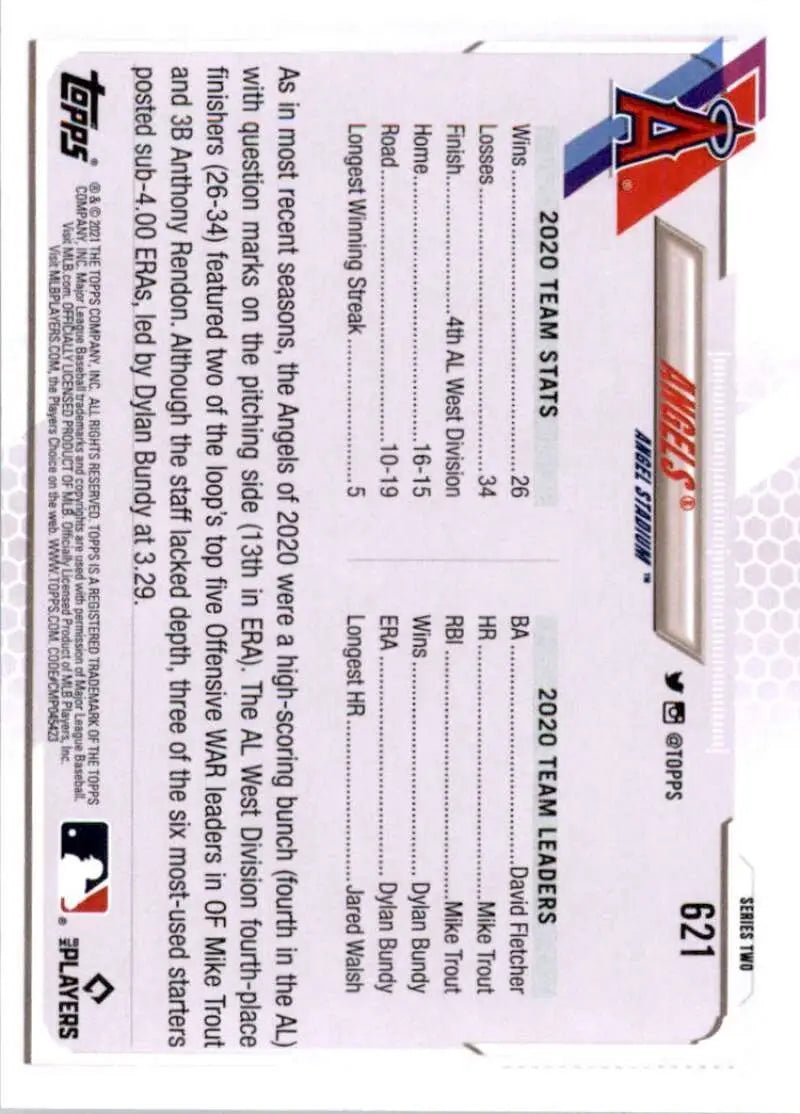 2021 Topps #621 Los Angeles Angels NM-MT Baseball Card - Baseball Card Single