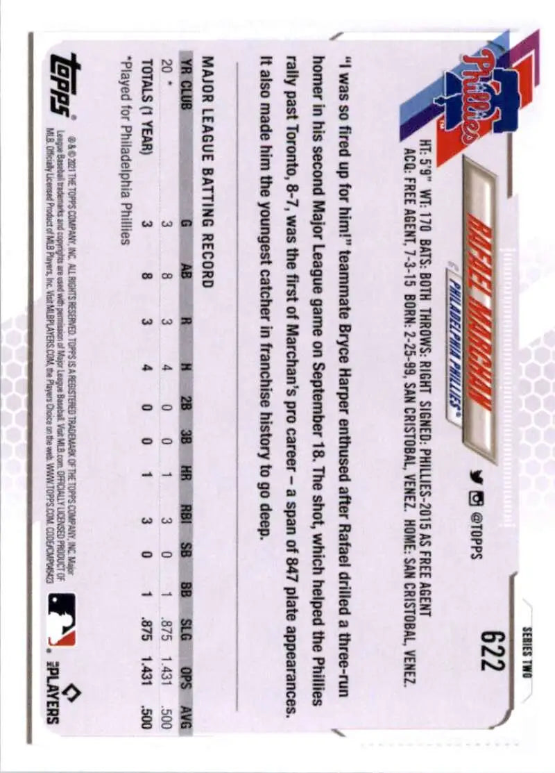 2021 Topps #622 Rafael Marchan NM-MT RC Rookie Philadelphia Phillies Baseball Card - Baseball Card Single