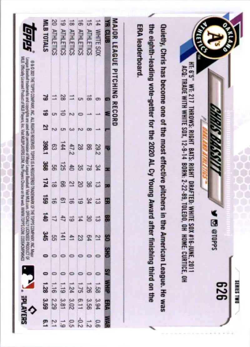 2021 Topps #626 Chris Bassitt NM-MT Oakland Athletics Baseball Card - Baseball Card Single