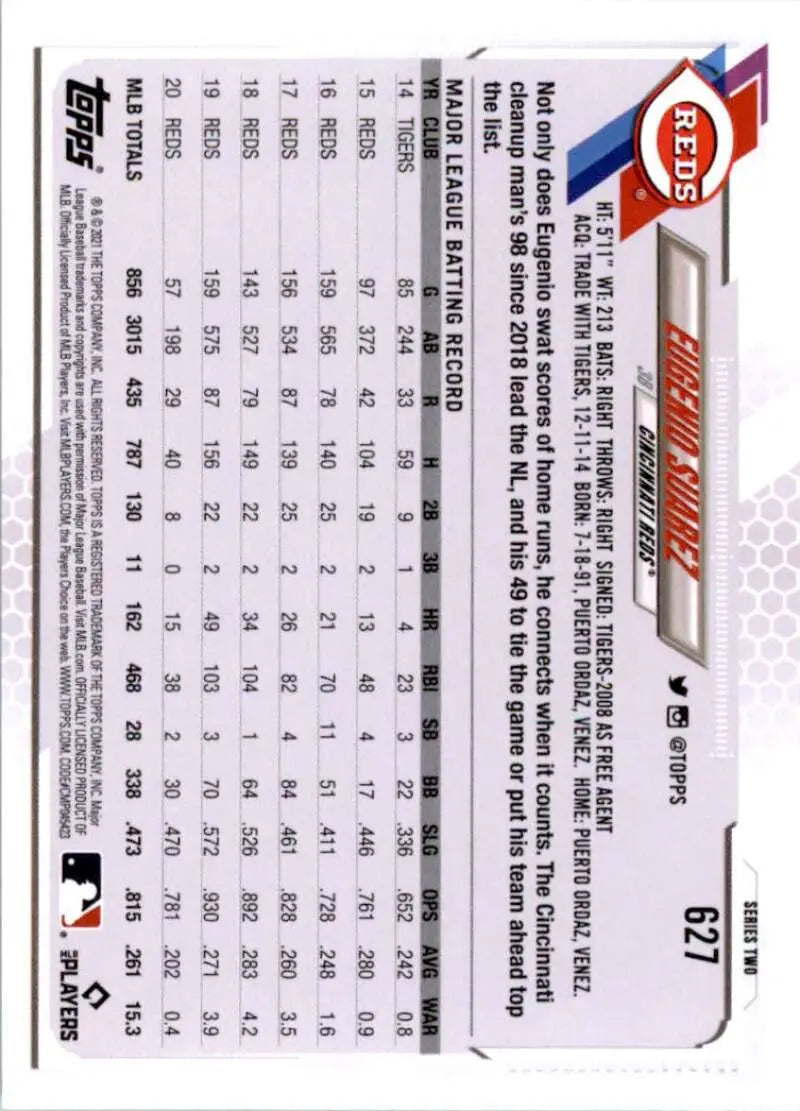 2021 Topps #627 Eugenio Suarez NM-MT Cincinnati Reds Baseball Card - Baseball Card Single