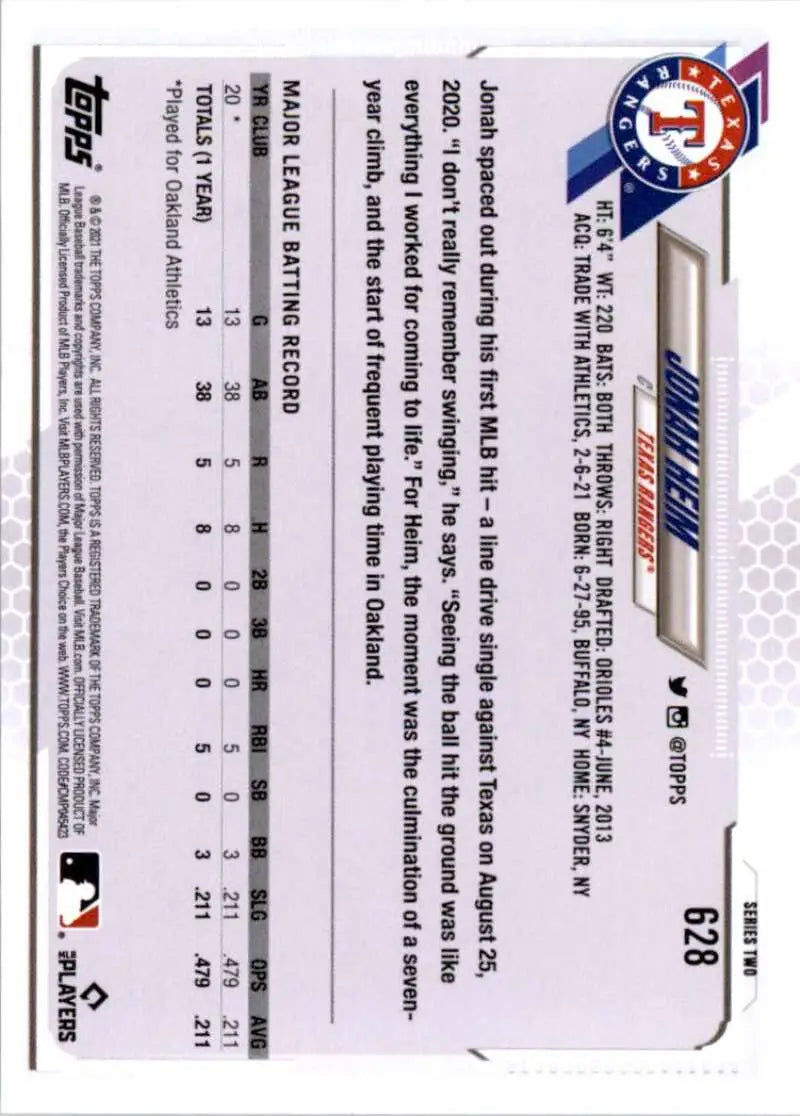 2021 Topps #628 Jonah Heim NM-MT RC Rookie Texas Rangers Baseball Card - Baseball Card Single