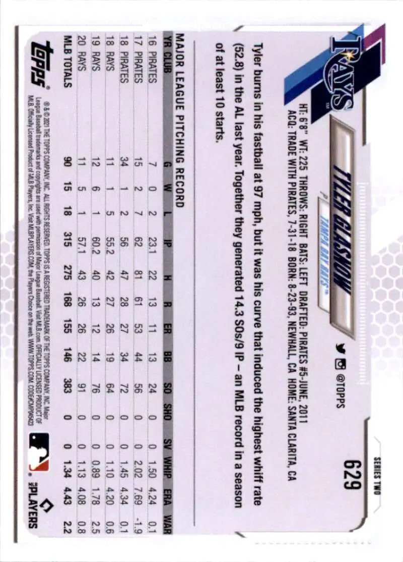 2021 Topps #629 Tyler Glasnow NM-MT Tampa Bay Rays Baseball Card - Baseball Card Single
