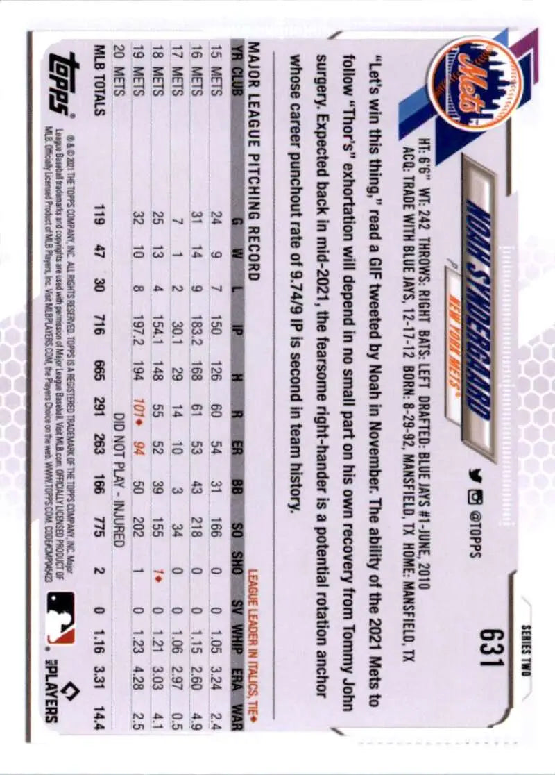 2021 Topps #631 Noah Syndergaard NM-MT New York Mets Baseball Card - Baseball Card Single