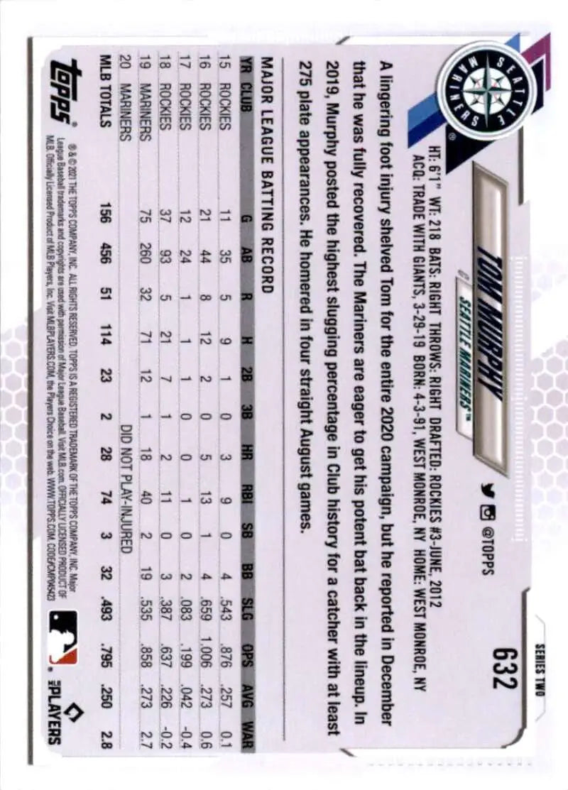 2021 Topps #632 Tom Murphy NM-MT Seattle Mariners Baseball Card - Baseball Card Single