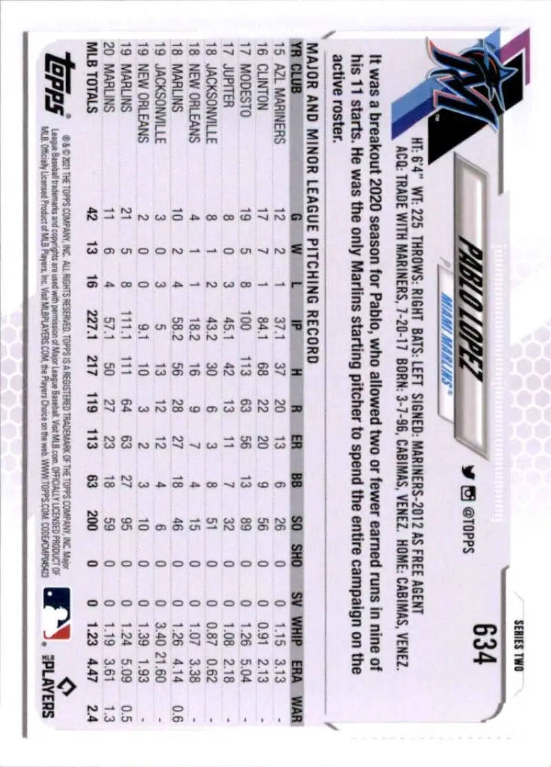 2021 Topps #634 Pablo Lopez NM-MT Miami Marlins Baseball Card - Baseball Card Single