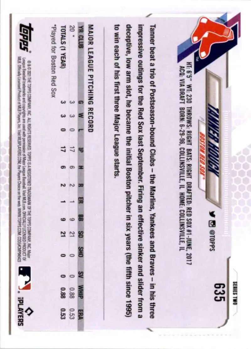 2021 Topps #635 Tanner Houck NM-MT RC Rookie Boston Red Sox Baseball Card - Baseball Card Single