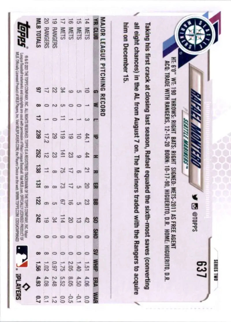2021 Topps #637 Rafael Montero NM-MT Seattle Mariners Baseball Card - Baseball Card Single