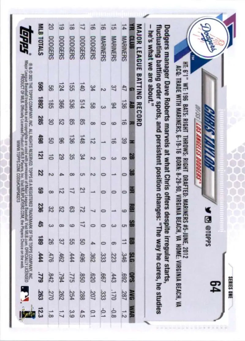 2021 Topps #64 Chris Taylor NM-MT Los Angeles Dodgers Baseball Card - Baseball Card Single