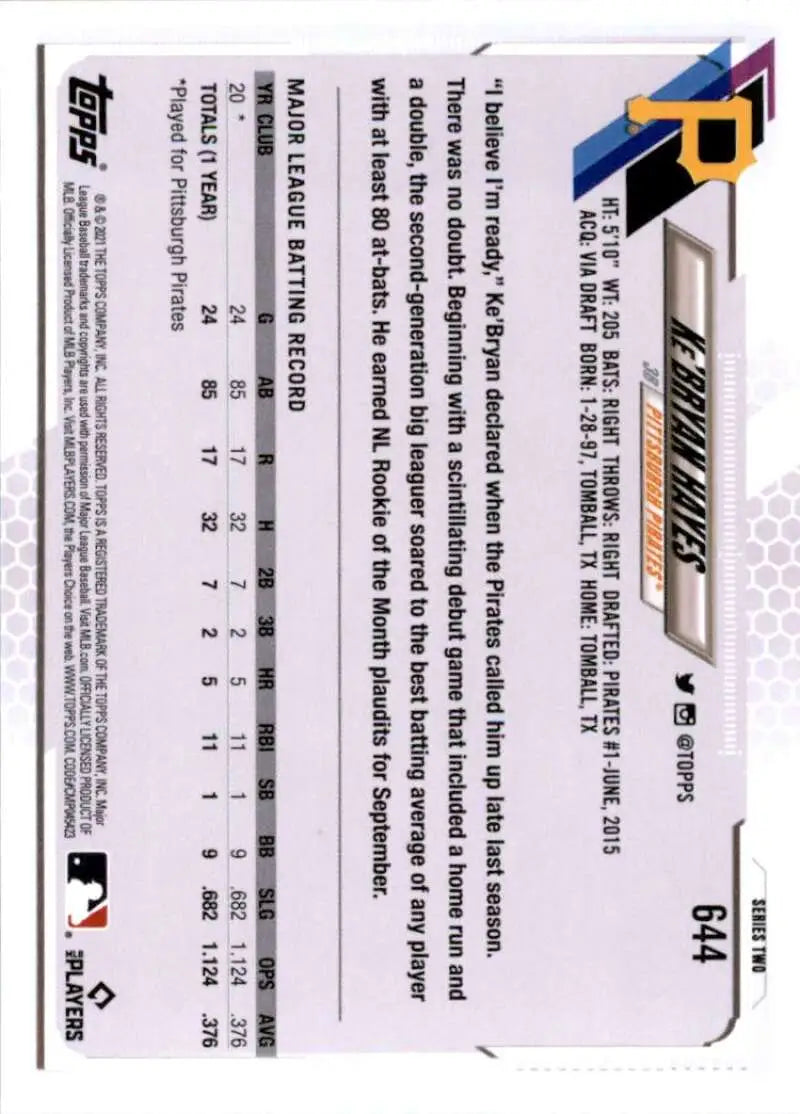 2021 Topps #644 Ke’Bryan Hayes NM-MT RC Rookie Pittsburgh Pirates Baseball Card - Baseball Card Single