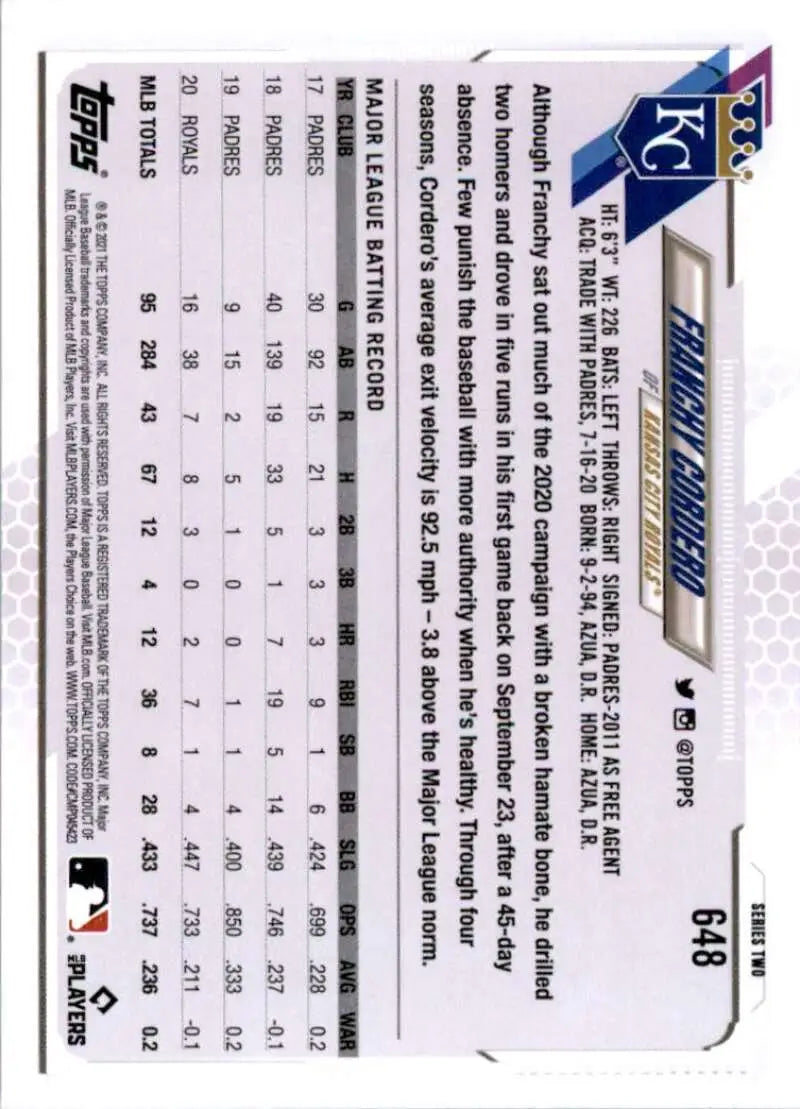 2021 Topps #648 Franchy Cordero NM-MT Kansas City Royals Baseball Card - Baseball Card Single