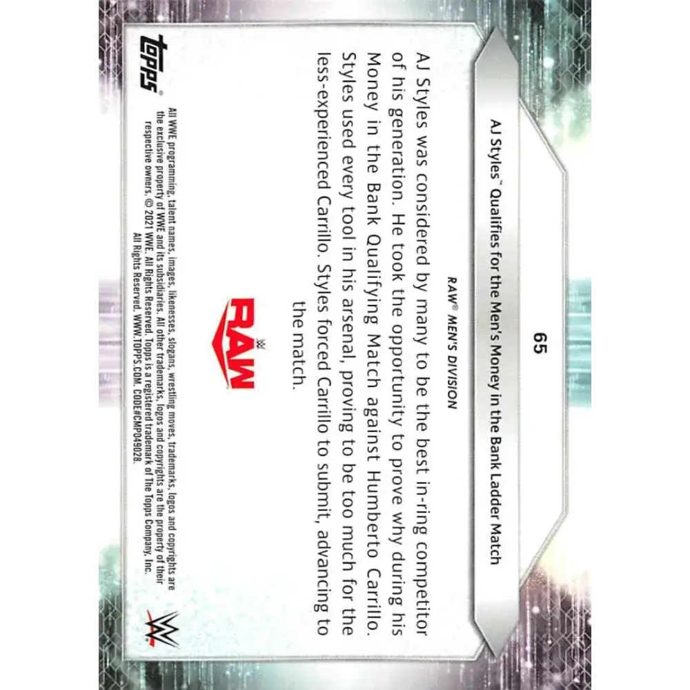 2021 Topps #65 AJ Styles NM-MT Wrestling Card - Other