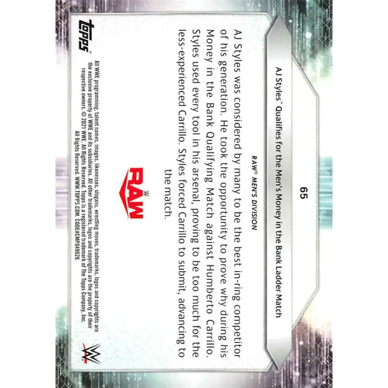 2021 Topps #65 AJ Styles NM-MT Wrestling Card - Other