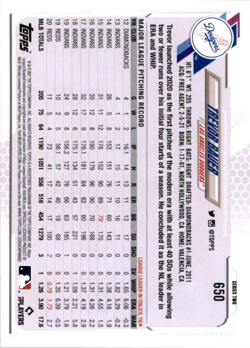 2021 Topps #650 Trevor Bauer NM-MT Los Angeles Dodgers Baseball Card - Baseball Card Single