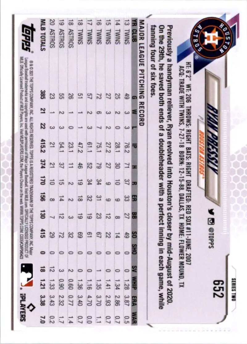 2021 Topps #652 Ryan Pressly NM-MT Houston Astros Baseball Card - Baseball Card Single