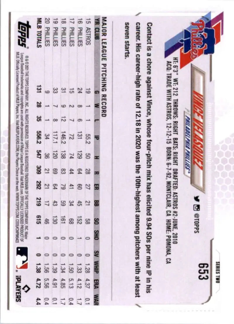 2021 Topps #653 Vince Velasquez NM-MT Philadelphia Phillies Baseball Card - Baseball Card Single