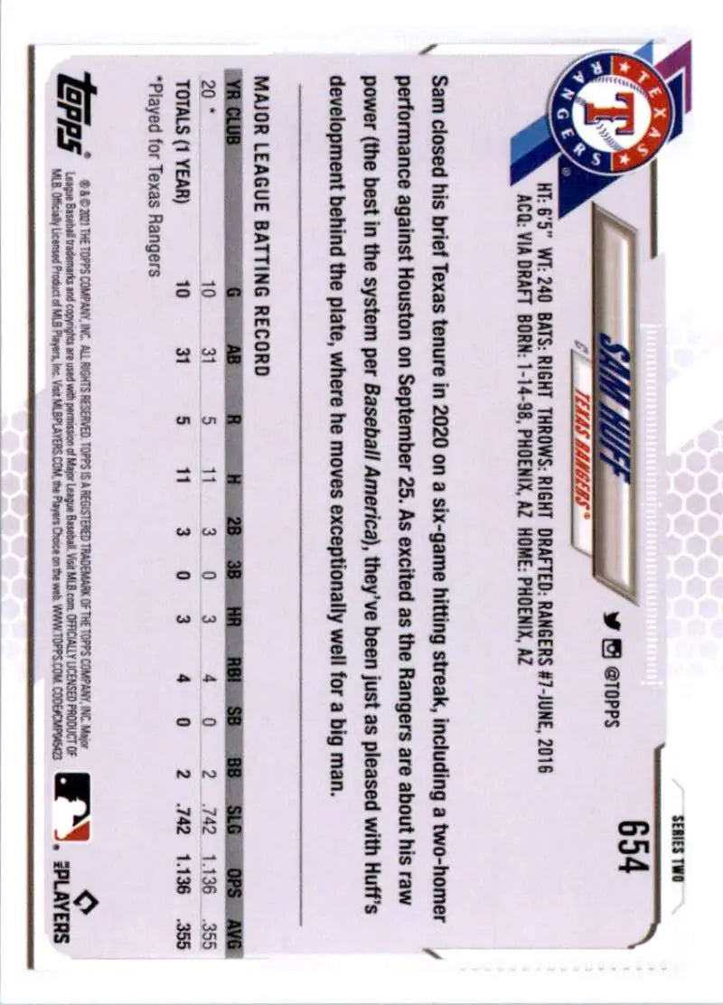 2021 Topps #654 Sam Huff NM-MT RC Rookie Texas Rangers Baseball Card - Baseball Card Single